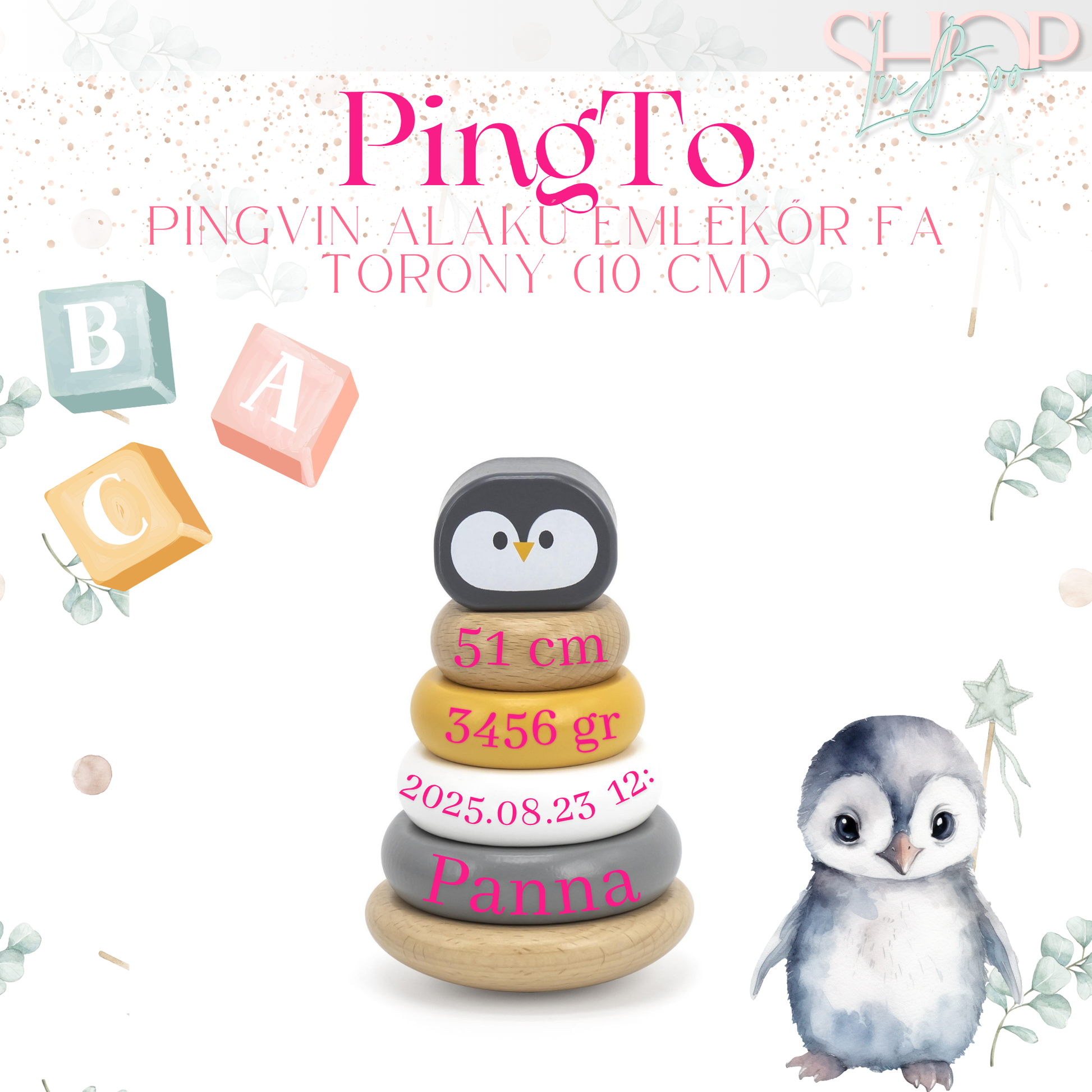 egyedi babaemlék fa torony névvel
személyre szabott pingvines torony babáknak
